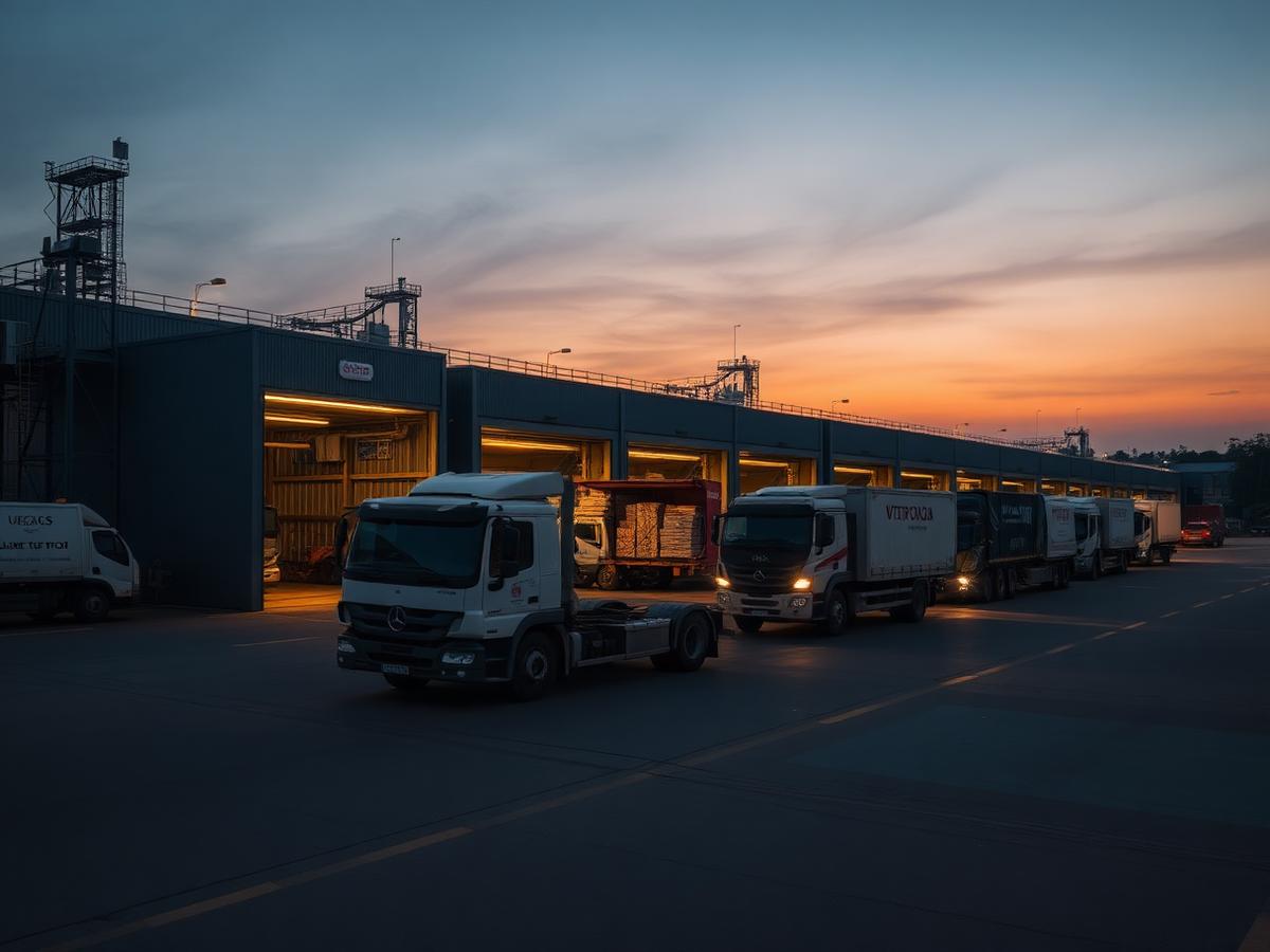 Trucks loading cargo at a factory logistics yard